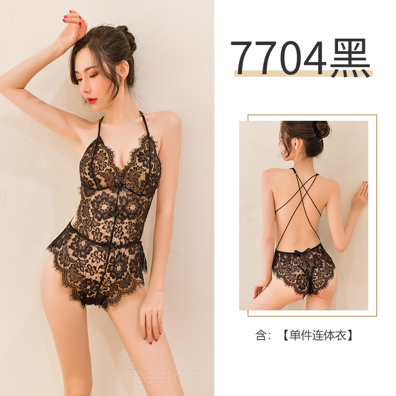 霏慕睫毛蕾丝暗扣开裆连体衣 情趣内衣套装 黑白请备注 7704