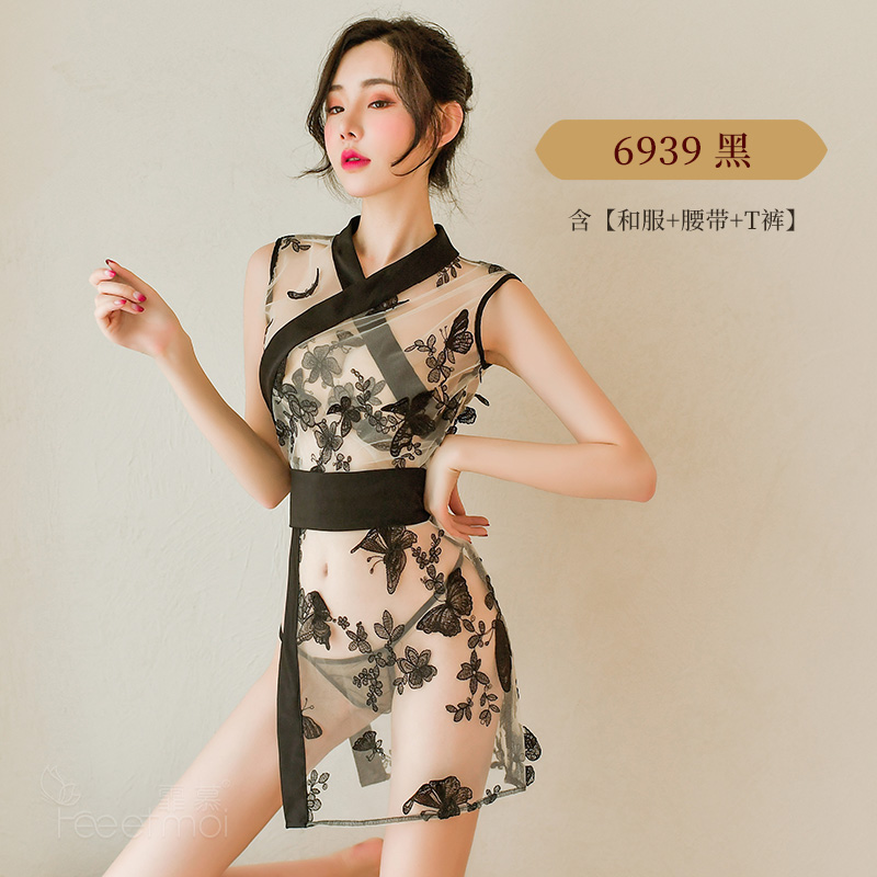 霏慕玉蝶恋花日系和服套装6939 和服-腰封-T裤+折扇 酒红/黑色请备注